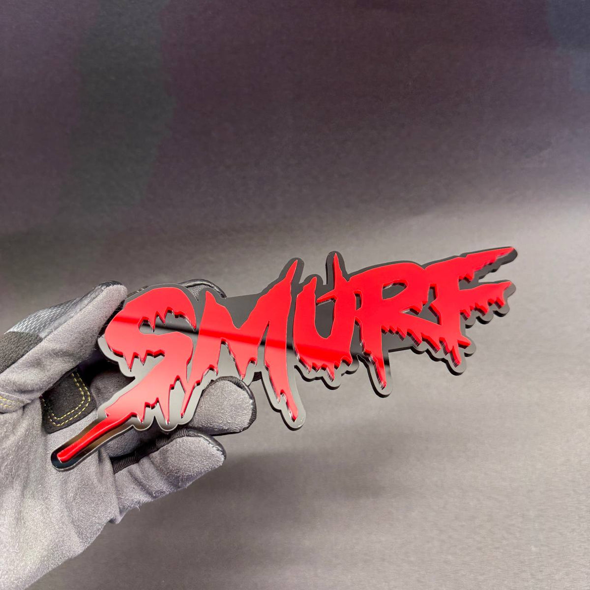 SMURF red graffiti car badge with layered black outline, personalized style fender emblem for Jeep Wrangler and Gladiator exterior accessories.