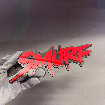 SMURF red graffiti car badge with layered black outline, personalized style fender emblem for Jeep Wrangler and Gladiator exterior accessories.