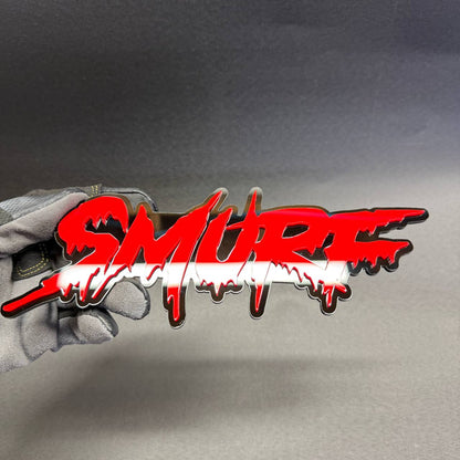 Red SMURF dripping font automotive emblem with glossy black base, custom decorative badge for Dodge Charger, Challenger and RAM trucks.