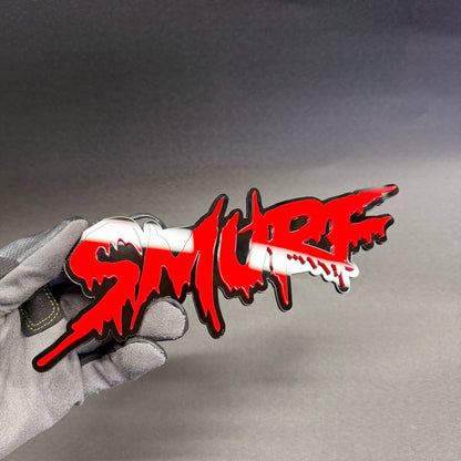 Custom SMURF dripping text automotive emblem in red and black, street racing inspired decorative badge for Chevrolet Silverado and GMC Sierra trucks.