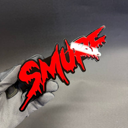 SMURF two-layer graffiti nameplate in red and glossy black, decorative automotive badge for Honda Civic, Nissan Z, Subaru WRX and BMW vehicles.