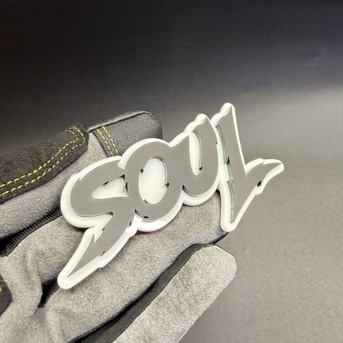 SOUL custom script car badge emblem in black and white layered acrylic, aftermarket automotive decoration for Kia Soul.