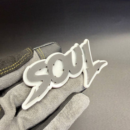 SOUL custom script car badge emblem in black and white layered acrylic, aftermarket automotive decoration for Kia Soul.
