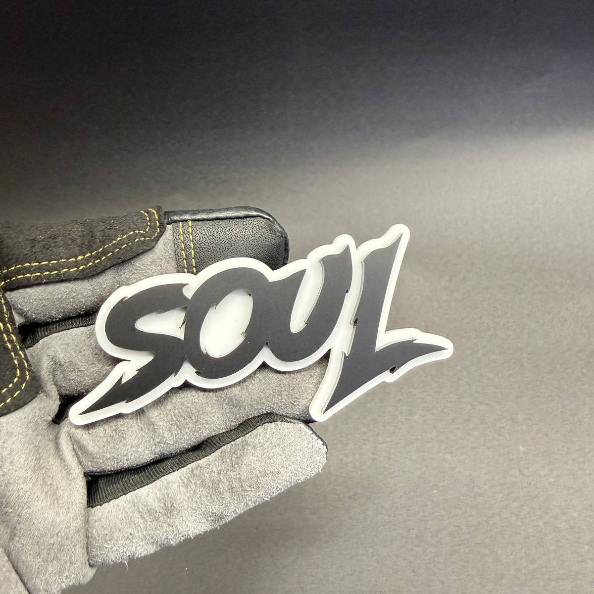 SOUL stylized lettering fender badge with glossy black face and white backing, custom exterior emblem for Dodge Charger and Challenger.