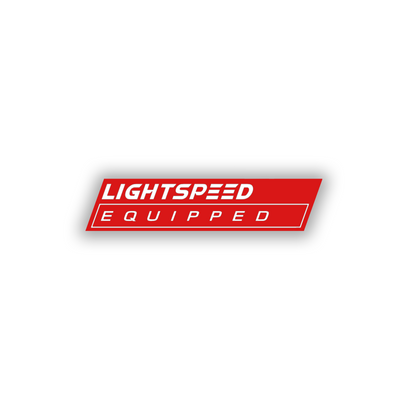 Silver Lightspeed Equipped car badge with black engraved details