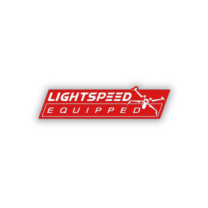Engraved automotive badge featuring Lightspeed Equipped lettering