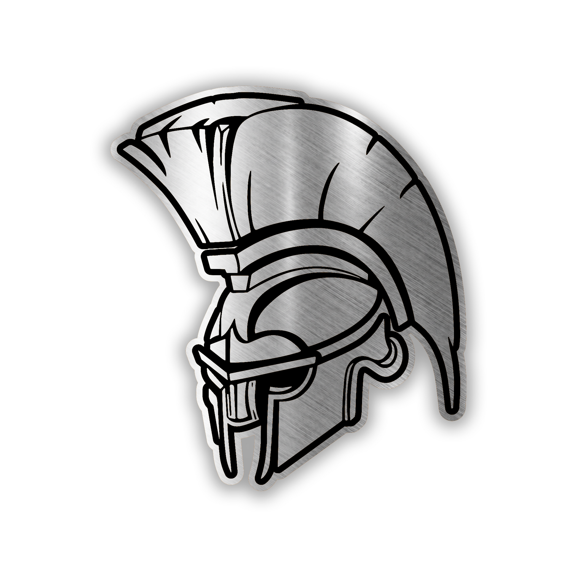 Engraved Spartan helmet car badge with brushed silver finish and black details