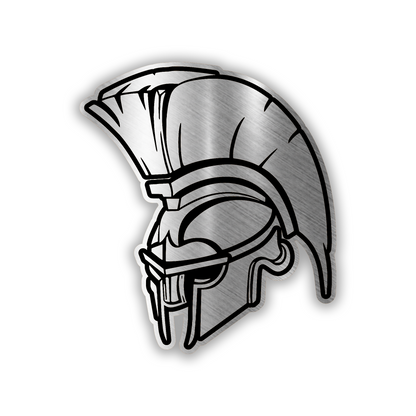 Engraved Spartan helmet car badge with brushed silver finish and black details