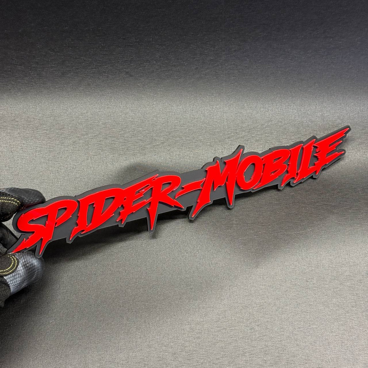 SPIDER-MOBILE 3D automotive badge with red lettering and black background for Dodge, Jeep and RAM