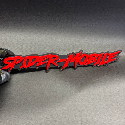 SPIDER-MOBILE custom text car badge emblem in red and black for Ford, Chevy and custom vehicles