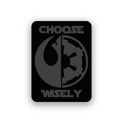 Custom car badge with split rebel empire inspired symbol and bold engraved text design
