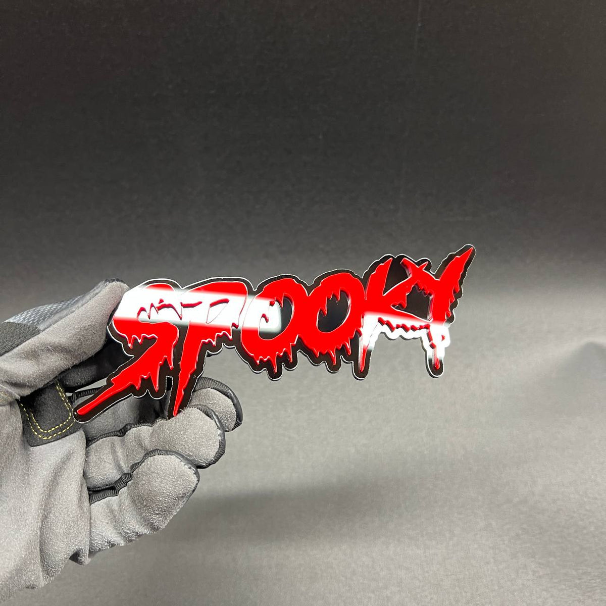 Custom Spooky car badge with red horror lettering and black base for car truck or SUV styling