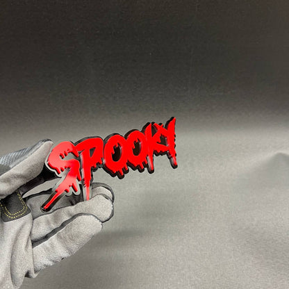 Spooky fender emblem custom text car badge with dripping red letters and black outline