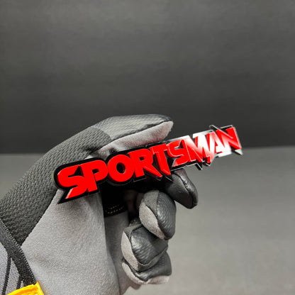 Performance style SPORTS MAN acrylic emblem with black outline for custom vehicle exterior upgrades
