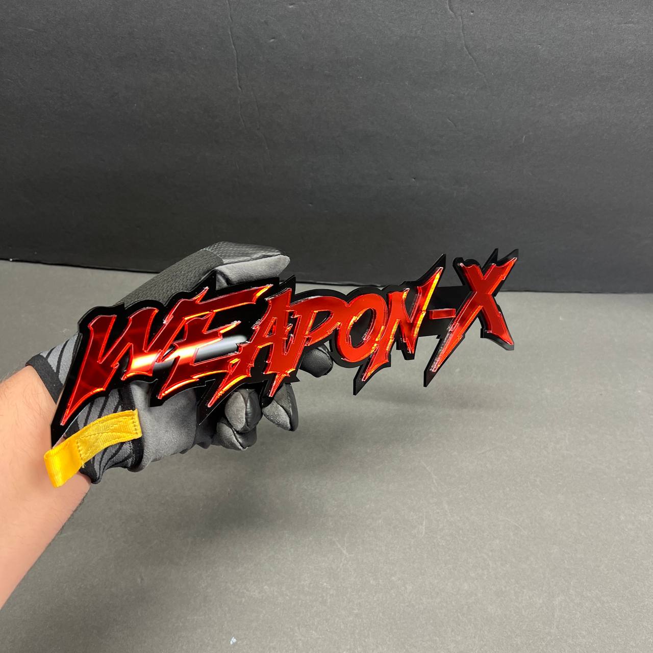 Red black acrylic Weapon X text emblem for muscle car exterior styling