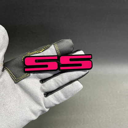 Custom red and black SS decal badge for Chevrolet Monte Carlo, El Camino, and muscle car trim.