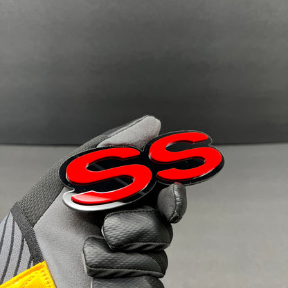 Gloss black and red SS acrylic badge for automotive enthusiasts.