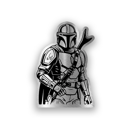 Engraved car badge with Mandalorian armor inspired black and white automotive artwork