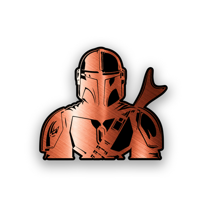 Star Wars bounty hunter inspired car badge with detailed engraved Mandalorian helmet artwork