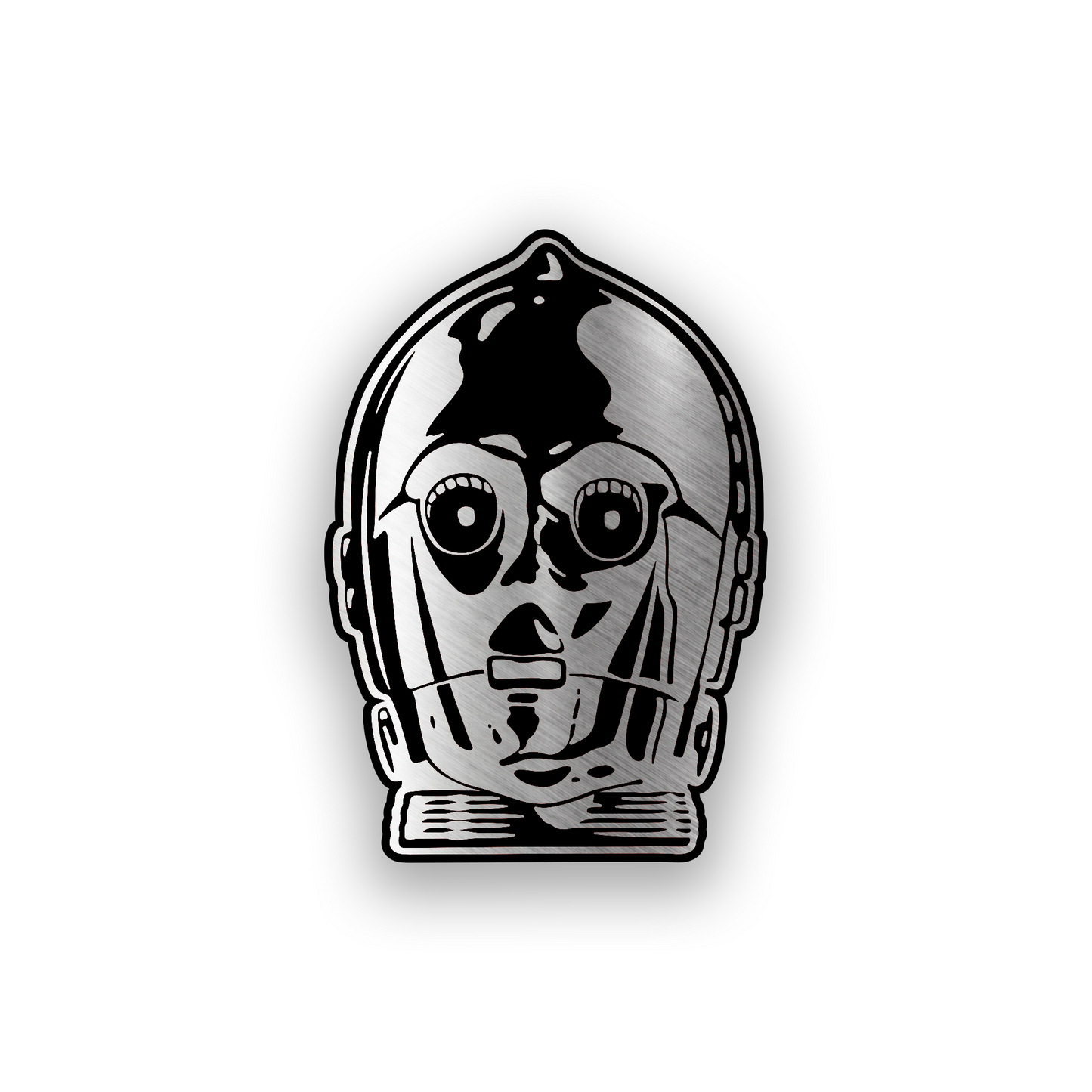 C-3PO inspired engraved car badge with detailed sci fi droid face design
