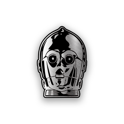 C-3PO inspired engraved car badge with detailed sci fi droid face design