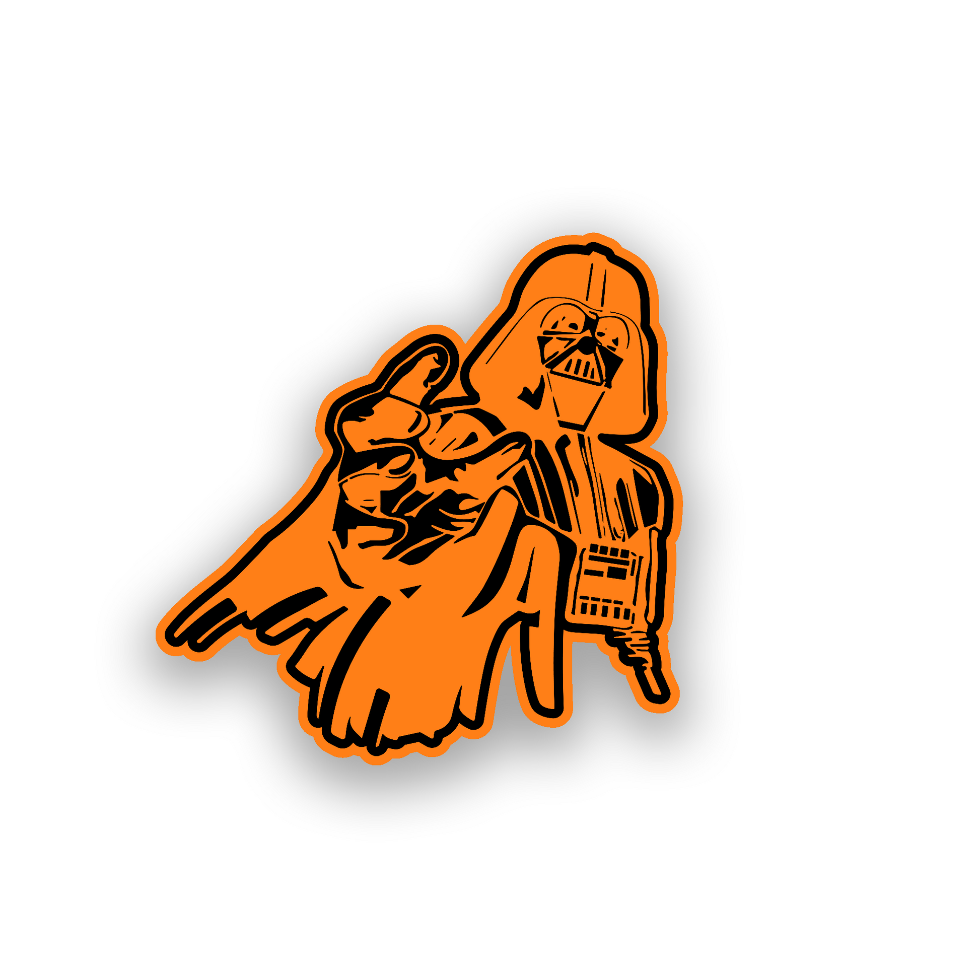 Custom car badge with Darth Vader inspired pointing pose in engraved black and white artwork