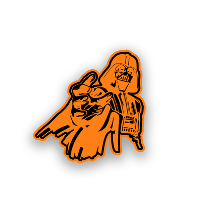 Custom car badge with Darth Vader inspired pointing pose in engraved black and white artwork
