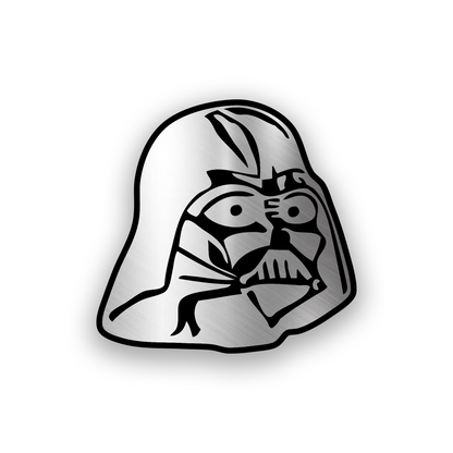 Darth Vader inspired engraved car badge with bold sci fi helmet emblem design