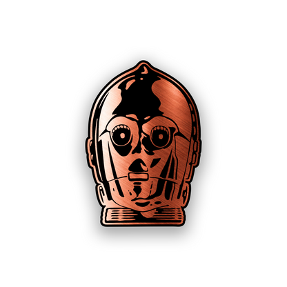 Sci fi robot car emblem with C-3PO style engraved character design