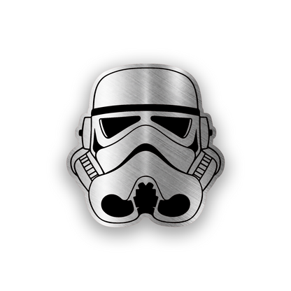 Star Wars inspired engraved car badge with bold futuristic helmet emblem design