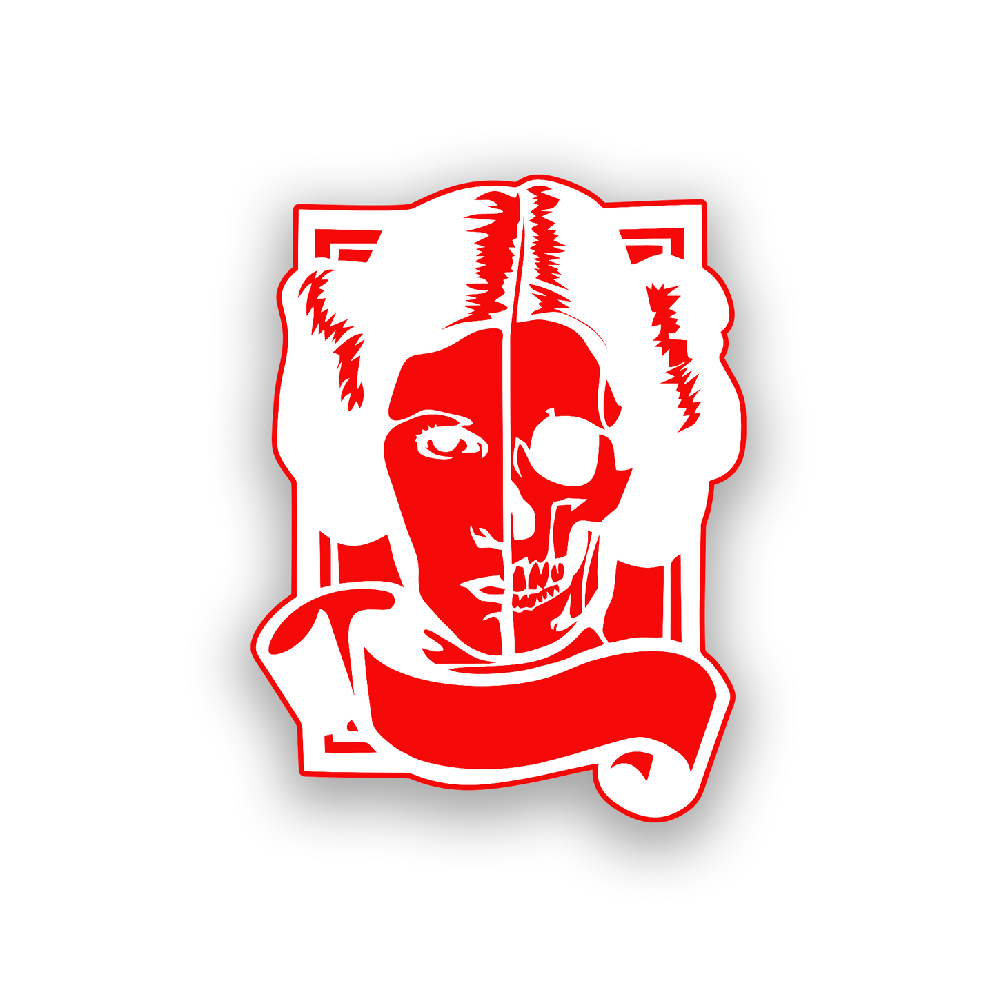 Split skull sci fi car emblem with detailed female rebel inspired portrait artwork