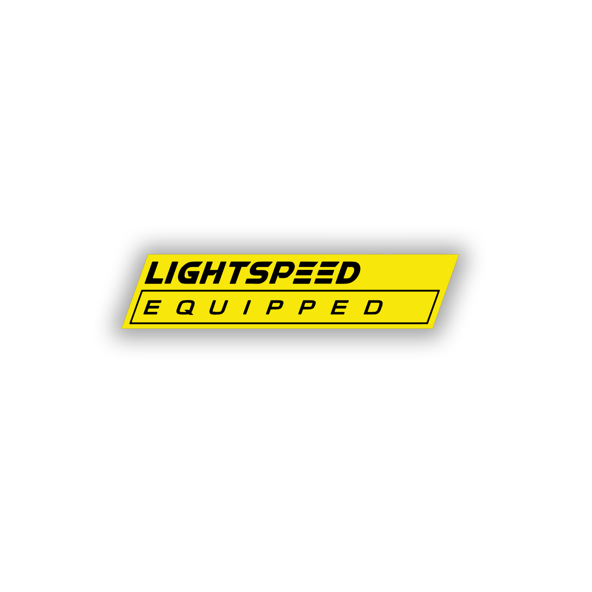 Brushed silver space-inspired engraved car badge reading Lightspeed Equipped