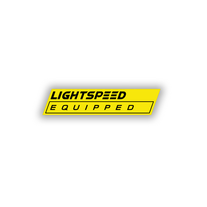 Brushed silver space-inspired engraved car badge reading Lightspeed Equipped