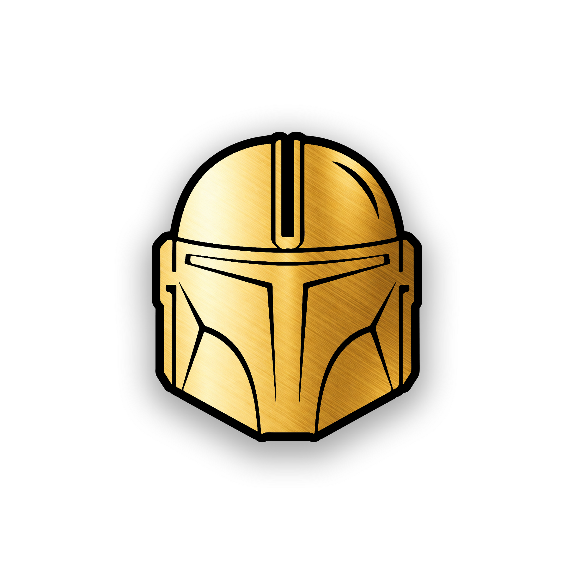 Engraved car badge with Mandalorian helmet inspired automotive artwork
