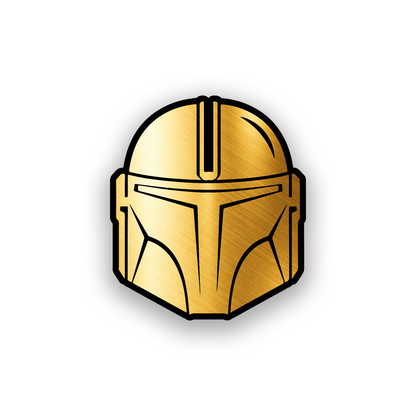 Engraved car badge with Mandalorian helmet inspired automotive artwork