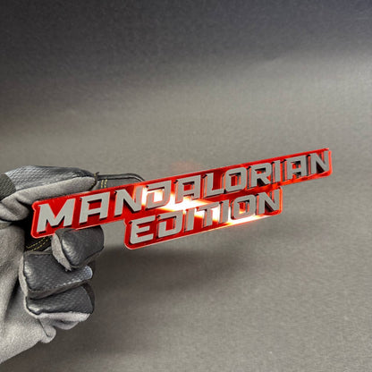 Mandalorian Edition custom car emblem in red and silver, laser-cut two-layer automotive badge for Chevrolet Silverado and Colorado trucks.