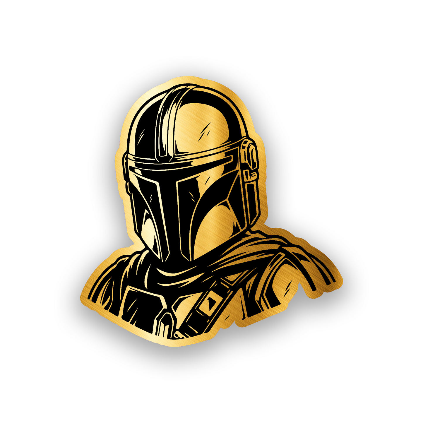 Warrior Mandalorian inspired engraved car badge with bold sci fi helmet emblem design