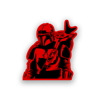 Star Wars inspired automotive badge with detailed Mando helmet artwork