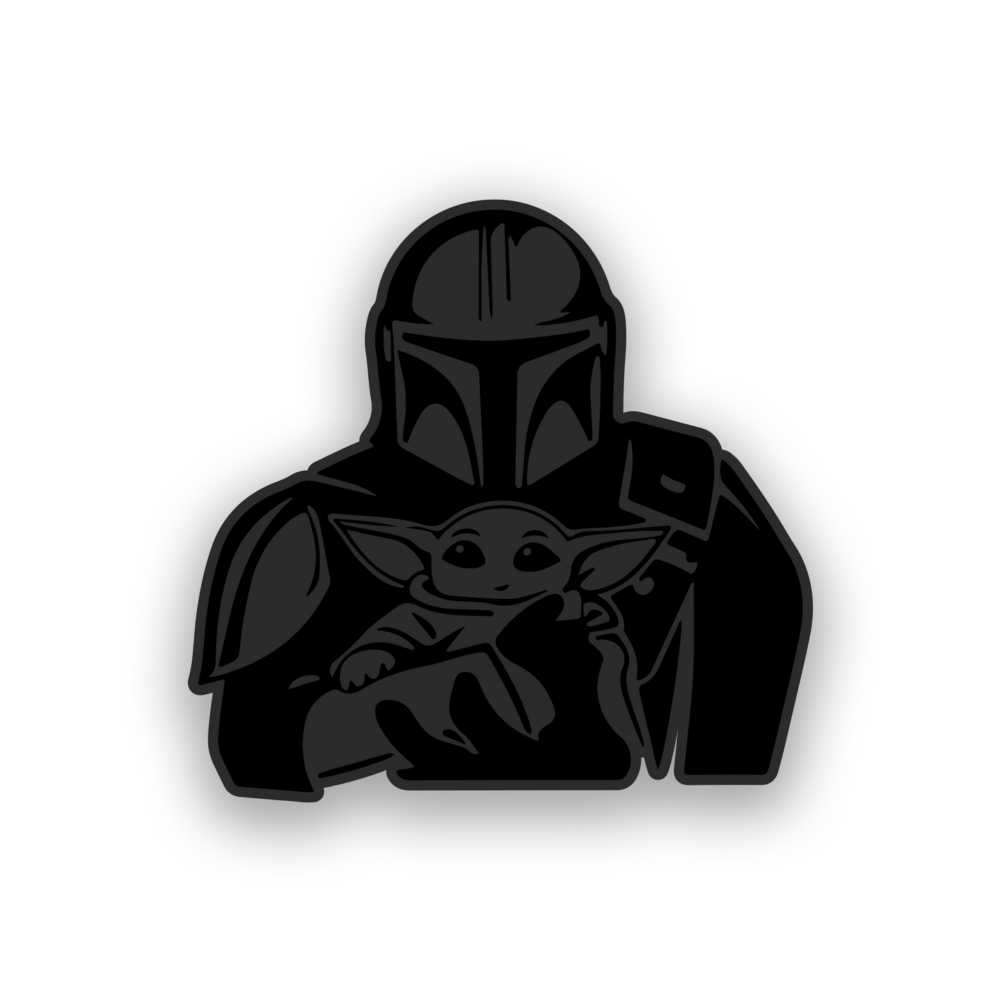 Star Wars inspired car emblem featuring Mando and Grogu style engraved artwork