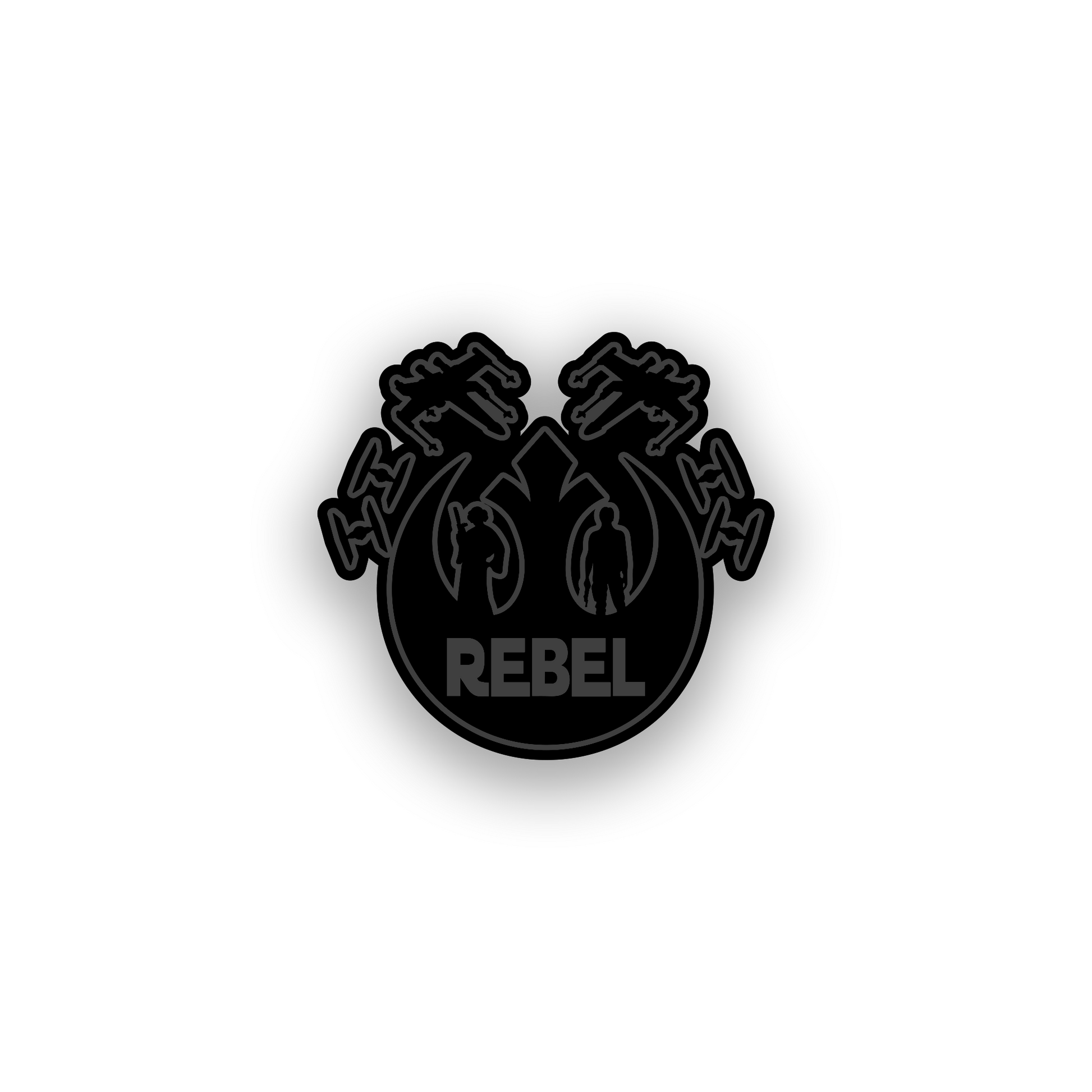 Sci fi symbol car badge emblem with bold black and white engraved design