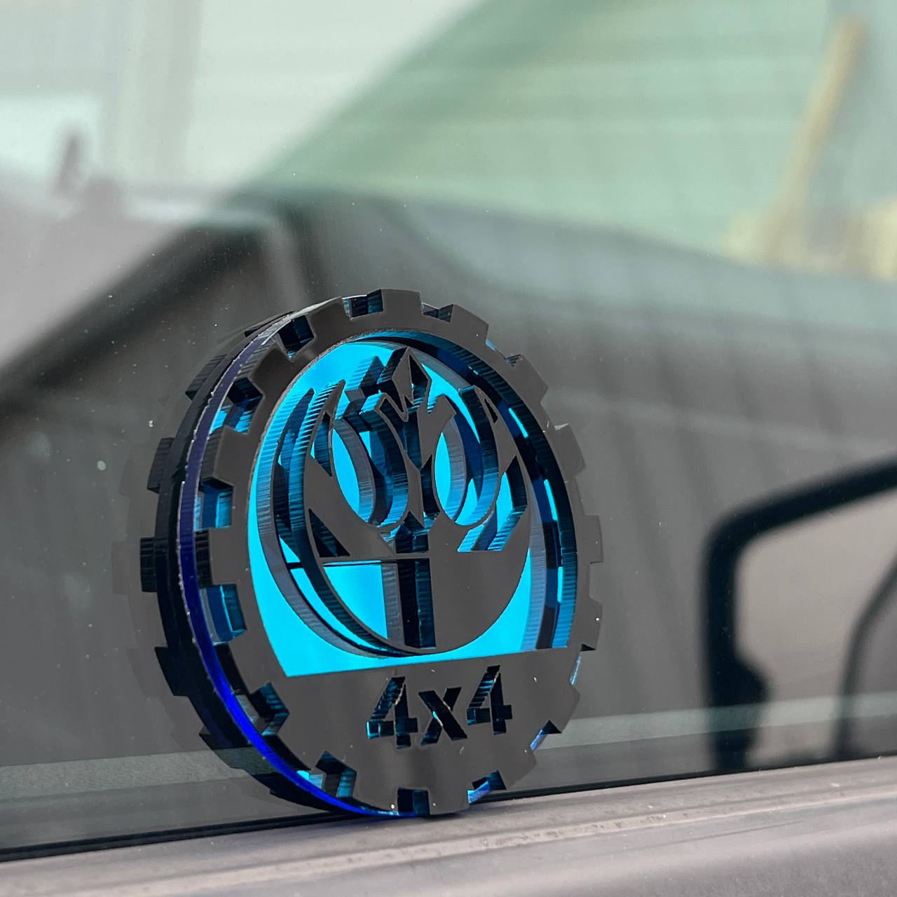Rebel alliance jeep badge close up acrylic emblem