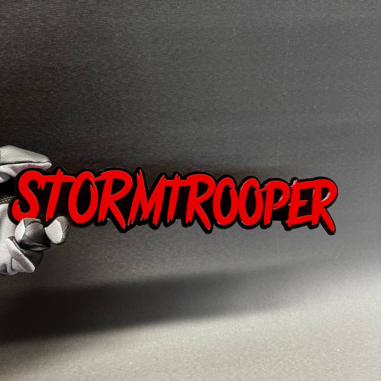 Stormtrooper custom text badge with layered acrylic design for offroad builds