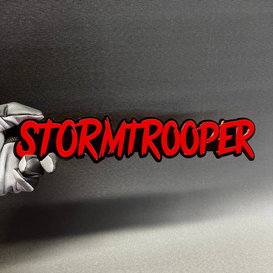 Custom Stormtrooper lettering badge in horror font style for vehicle tailgate