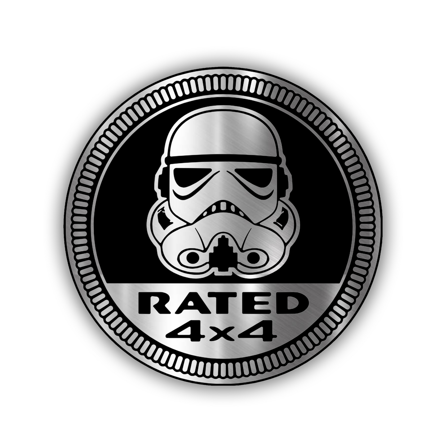 Rated 4x4 Stormtrooper engraved car badge in brushed silver and black