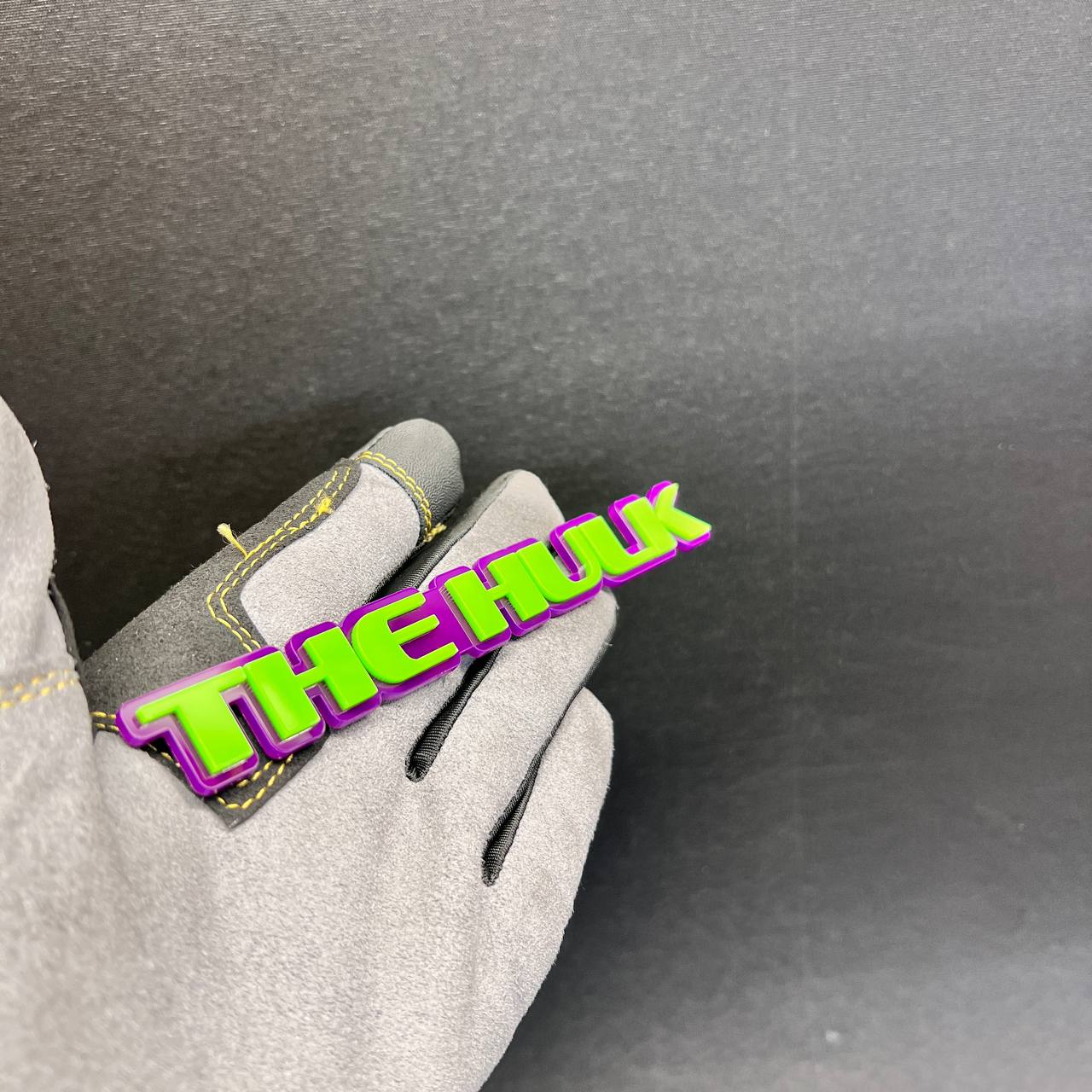 Custom The Hulk car badge fender emblem in bright green and purple