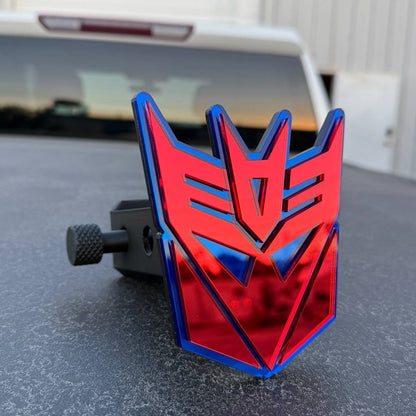 Custom Decepticon logo hitch cover for Jeep Wrangler trailer hitch receiver.