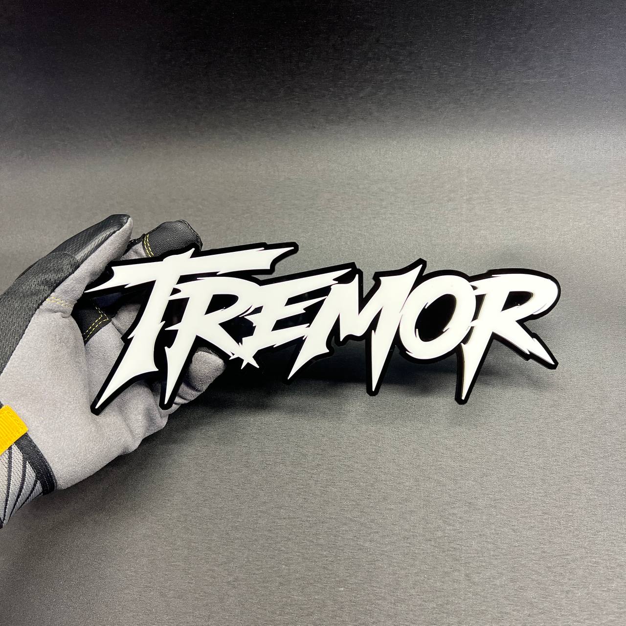 TREMOR text car badge fender emblem in white with black outline