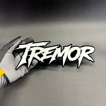 TREMOR text car badge fender emblem in white with black outline