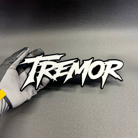 TREMOR text car badge fender emblem in white with black outline