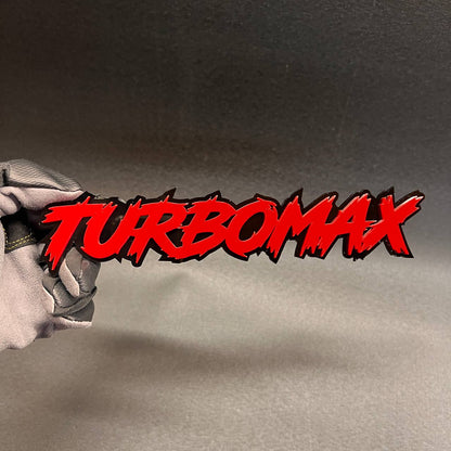 TURBOMAX custom red and black 3D car badge with automotive 3M adhesive.